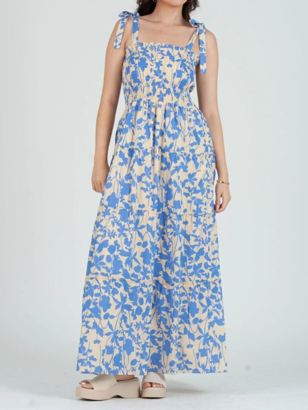 Smocked Tiered Maxi Dress with Bow Tie Straps